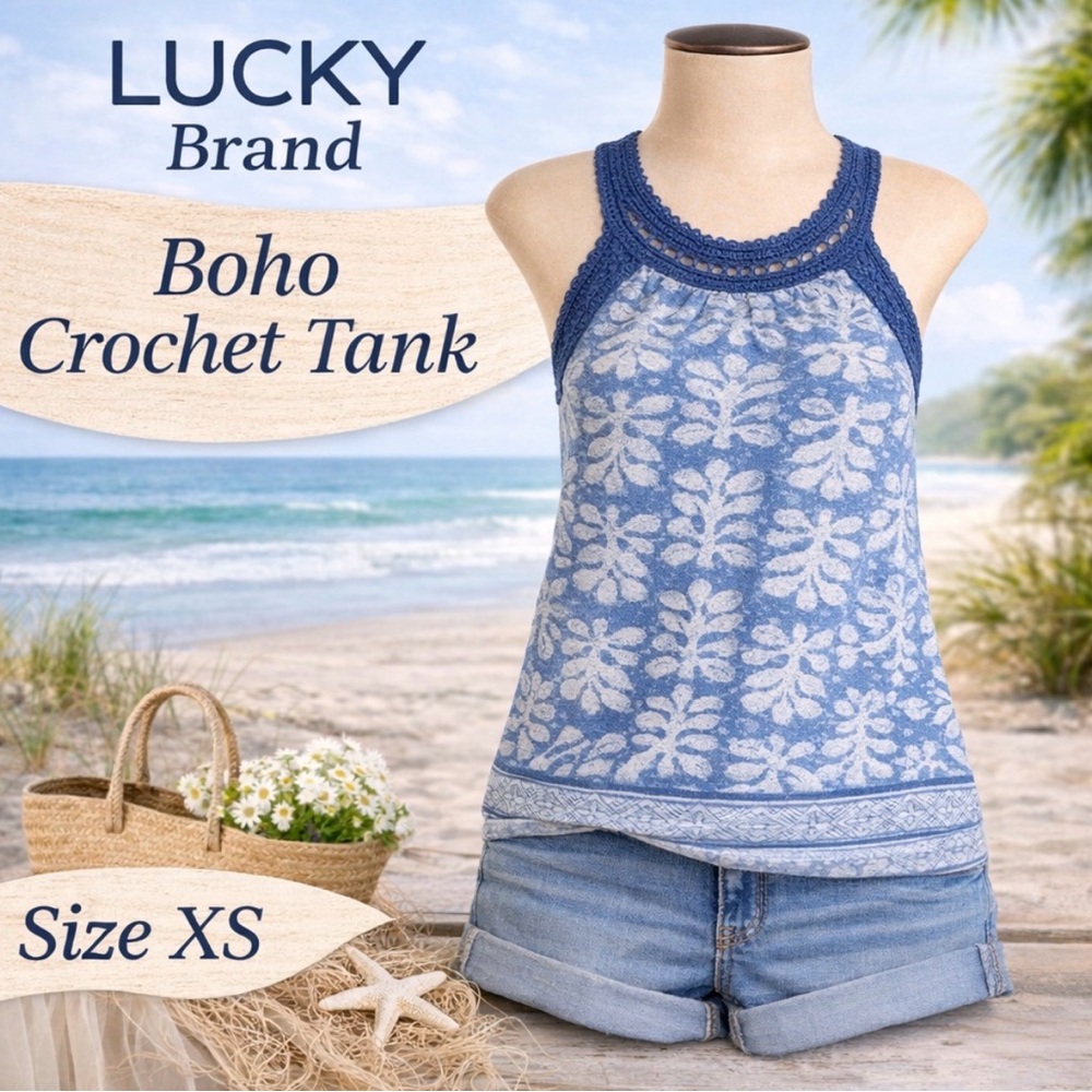 Lucky Brand Blue Crochet Neck Tank XS Boho Floral Summer Top